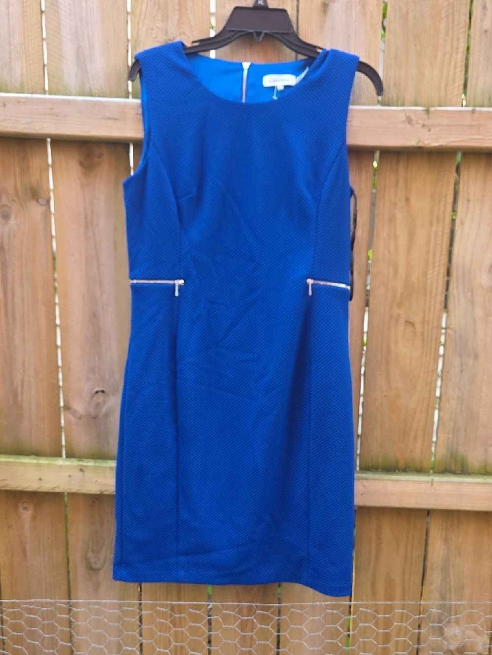 Calvin Klein Sleeveless Cobalt Blue Sheath Dress with Zip Accents